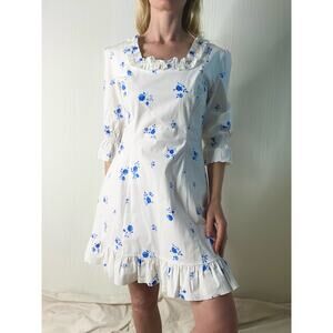 ROSES LACE White and Blue Floral Ruffle Cotton Long Sleeve Mini Dress NWT